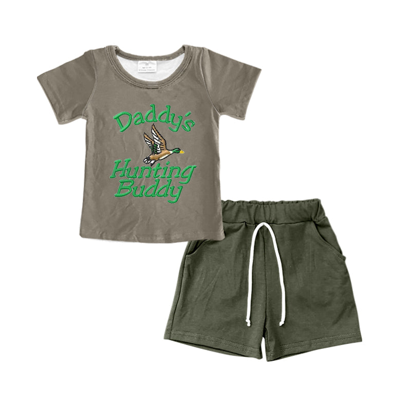 (Custom Design Preorder MOQ 5)  Daddy's Hunting Buddy Duck Top Dark Green Shorts Boys Clothes Set