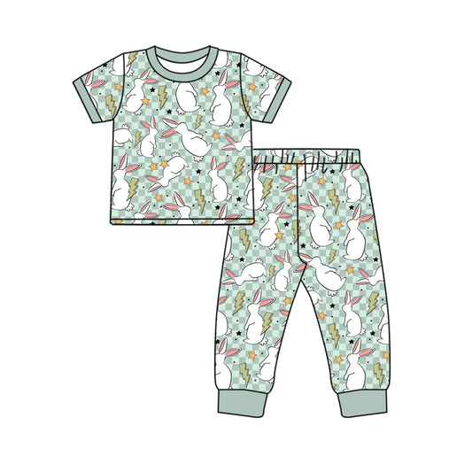 (Custom Design Preorder MOQ 5) Bunny Flash Plaid Print Boys Easter Bamboo Pajamas Clothes Set