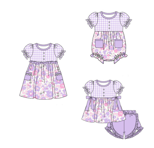 11.21(Custom Design Preorder MOQ 5 Each Design) Purple Flowers Plaid Print Girls Summer Matching Clothes Sisters Wear
