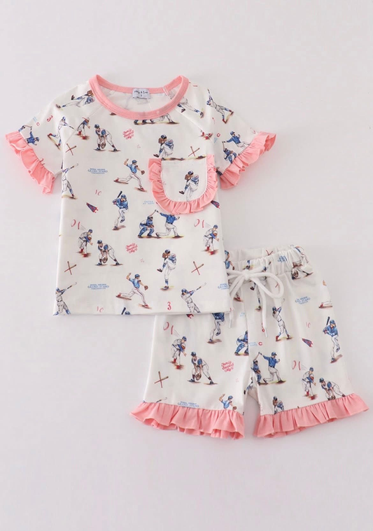 (Custom Design Preorder MOQ 5) Baseball Print Shorts Girls Summer Clothes Set