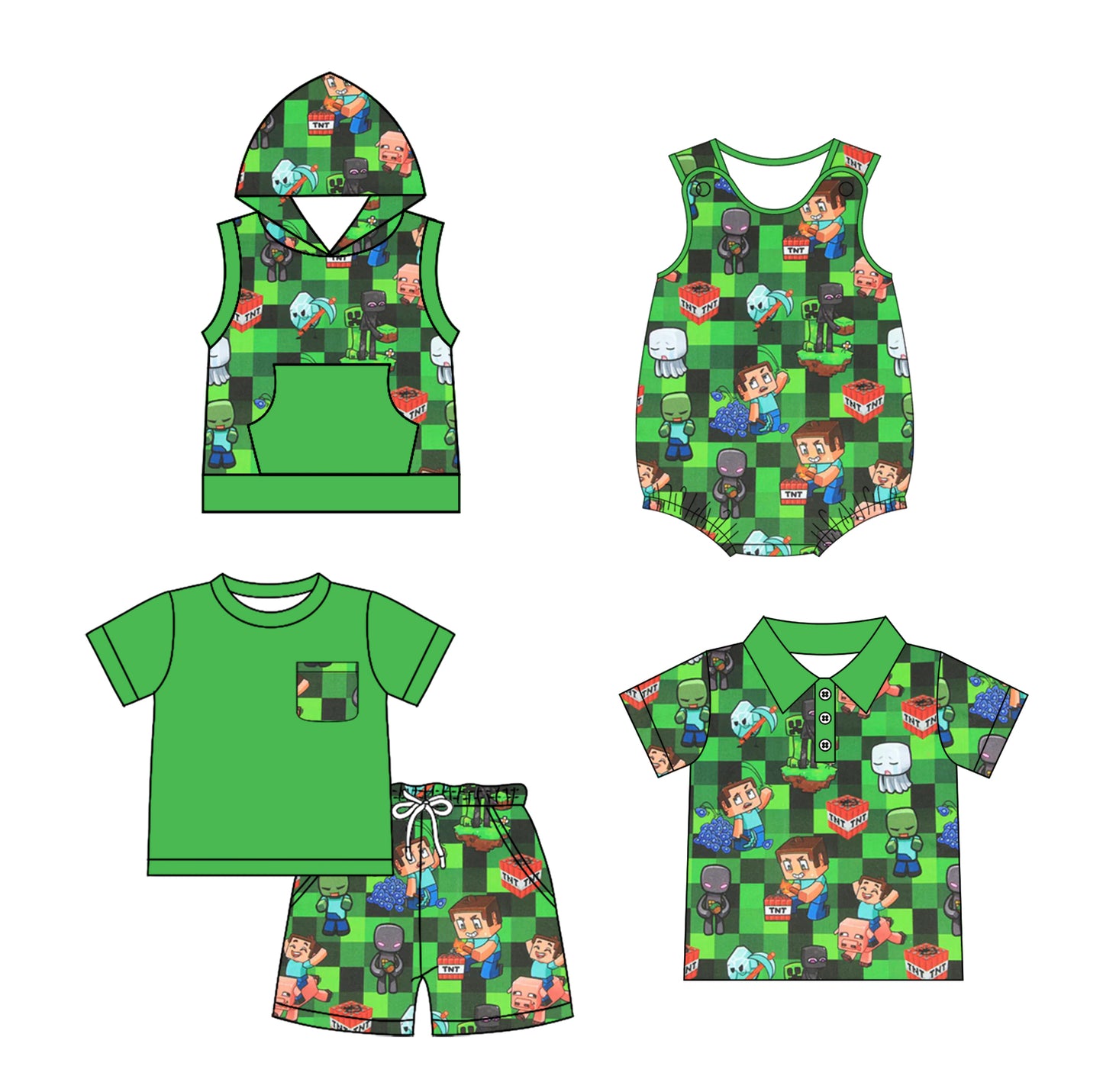 2.19(Custom Design Preorder MOQ 5 Each Design)  Cartoon Games Roblo* Green Print Boys Summer Matching Clothes Brothers Wear