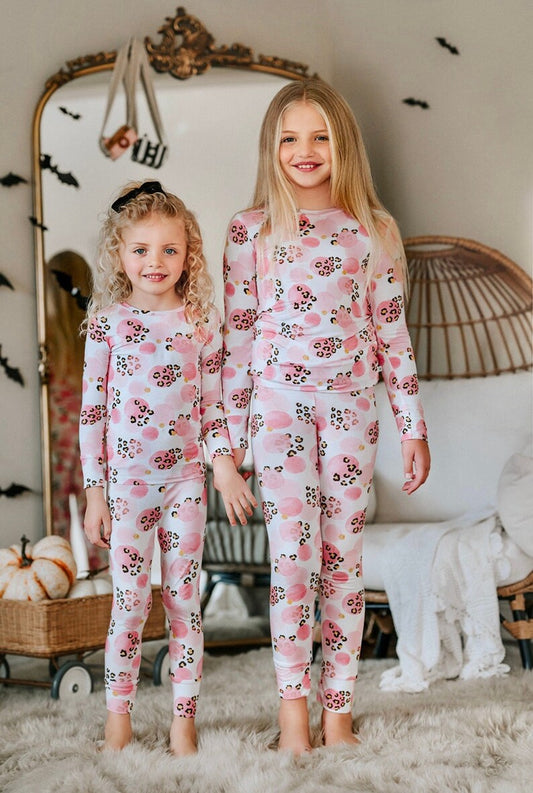 (Custom Design Preorder MOQ 5) Pink Leopard Print Girls Fall Pajamas Clothes Set