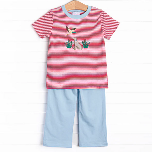 (Custom Design Preorder MOQ 5) Dog Duck Red Stripes Top Blue Pants Boys Clothes Set