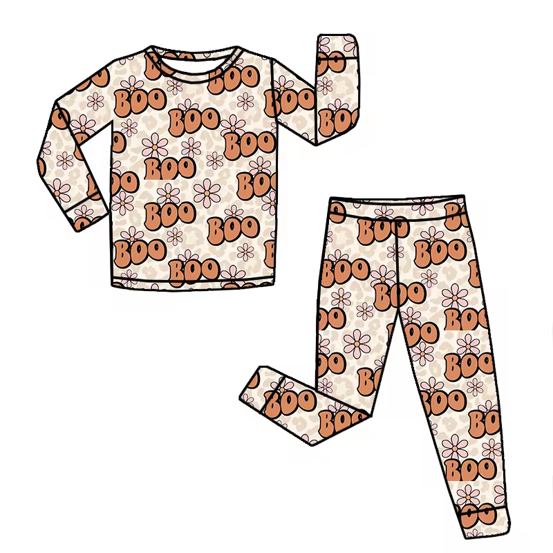 (Custom Design Preorder MOQ 5) BOO Flowers Print Girls Halloween Pajamas Clothes Set