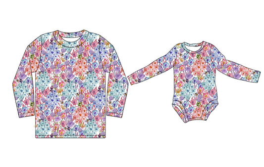 11.11(Custom Design Preorder MOQ 5 Each Design) Colorful Flowers Print Adult Top Baby Romper Mom and Me Matching Clothes