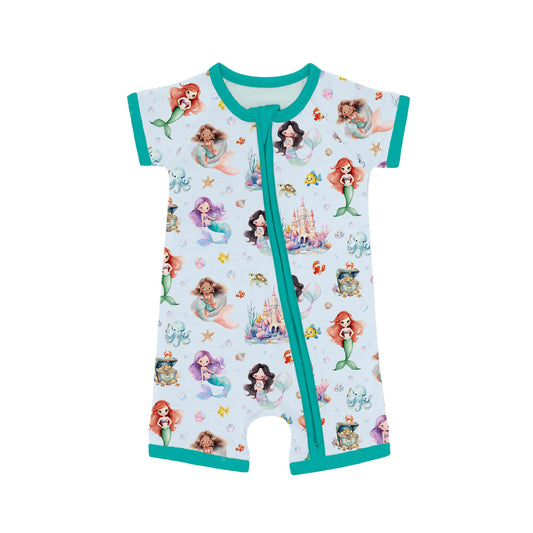 (Custom Design Preorder MOQ 5) Mermaid Print Baby Girls Summer Sleeper Zipper Romper