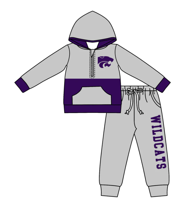 (Custom Design Preorder MOQ 5) Team's Wildcats Print Hoodie Zipper Top Pockets Pants Boys Fall Clothes Set