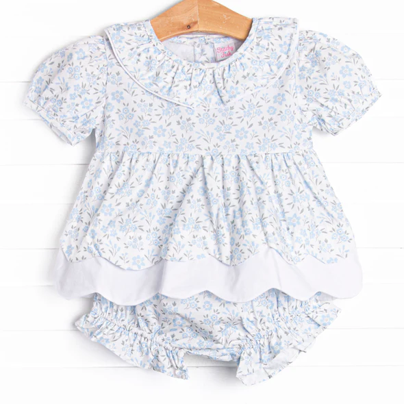 (Custom Design Preorder MOQ 5)  Blue Small Flowers Tunic Top Shorts Girls Summer Clothes Set