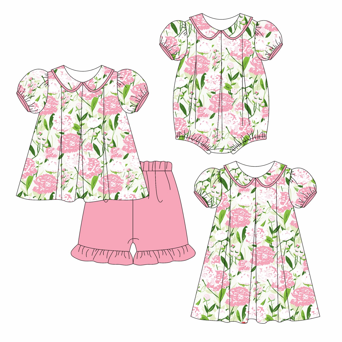 3.8(Custom Design Preorder MOQ 5 Each Design) Pink Flowers Print Girls Summer Matching Clothes Sisters Wear