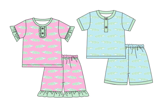 12.4 (Custom Design Preorder MOQ 5) Crocodile Print Kids Summer Pajamas Clothes Set Sibling Wear