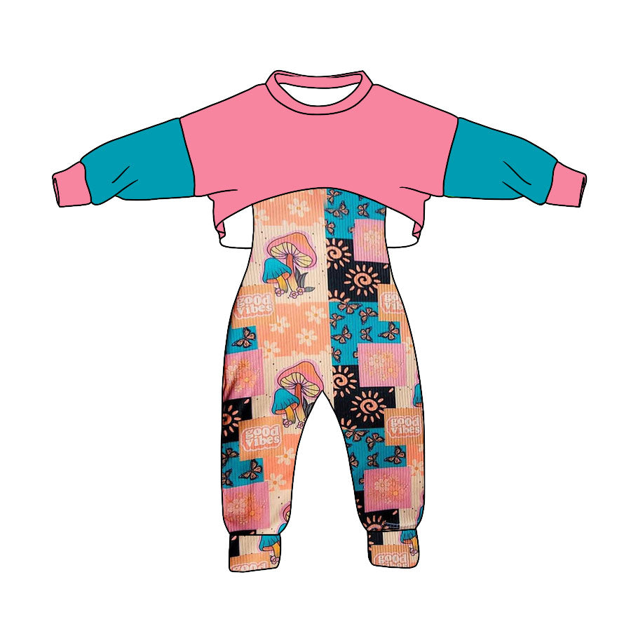 (Custom Design Preorder MOQ 5) Pink Top Mushroom Print Jumpsuits Girls Fall Clothes Set