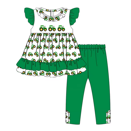 (Custom Design Preorder MOQ 5)  Tractor Tunic Top Green Pants Girls Clothes Set