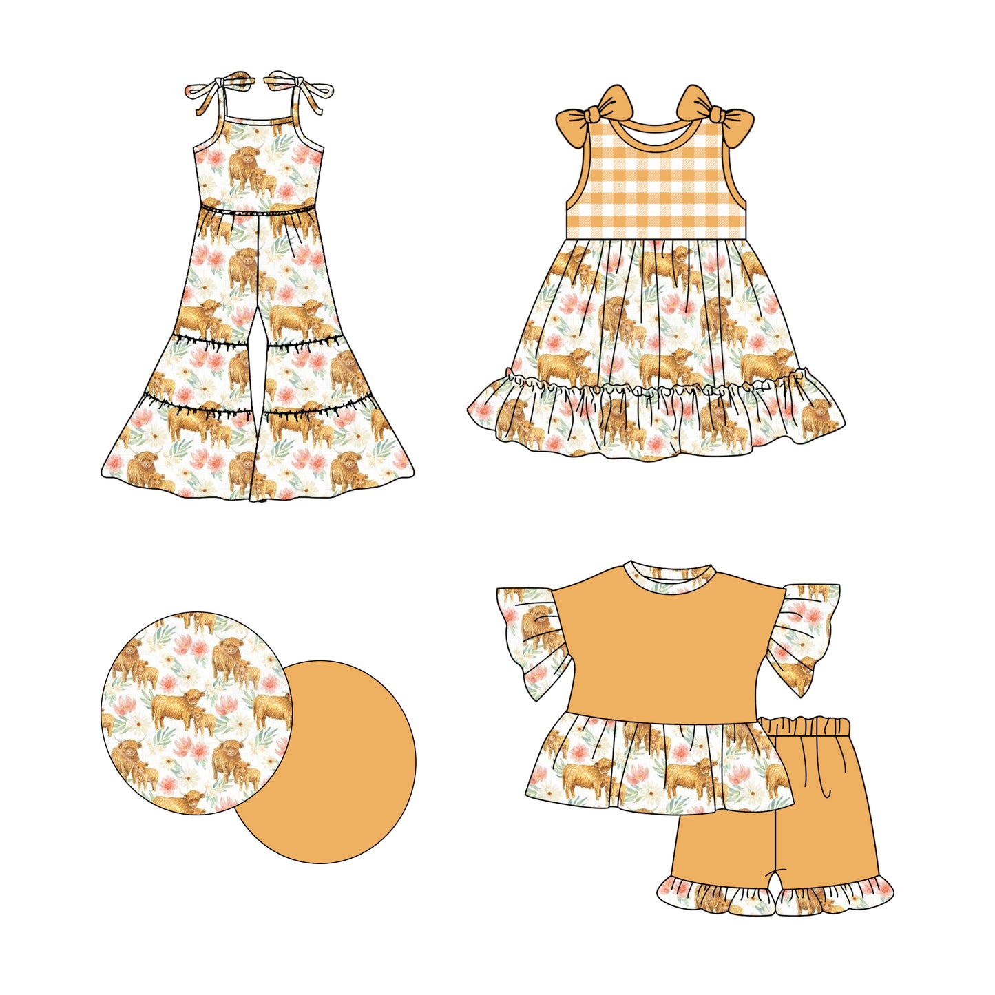 3.5(Custom Design Preorder MOQ 5 Each Design) Highland Cow Orange Flowers Print Girls Summer Matching Clothes Sisters Wear