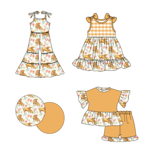 3.5(Custom Design Preorder MOQ 5 Each Design) Highland Cow Orange Flowers Print Girls Summer Matching Clothes Sisters Wear