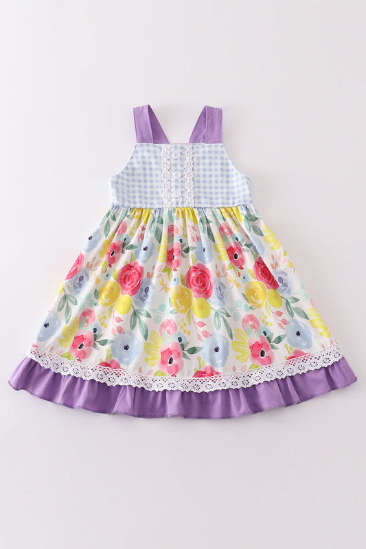 (Custom Design Preorder MOQ 5)  Flowers Plaid Print Girls Knee Length Dress
