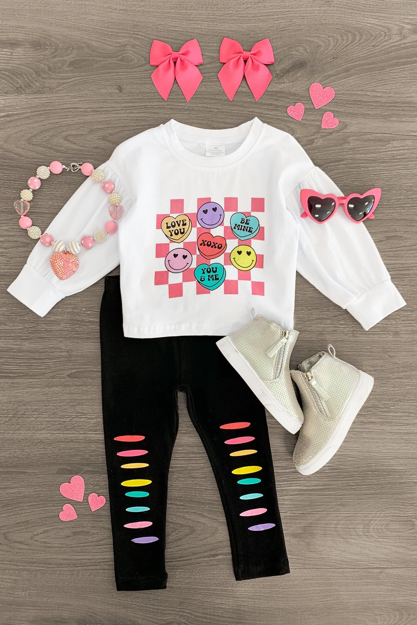 (Custom Design Preorder MOQ 5)  Heart Smiling Face Top Hole Legging Pants Girls Valentine's Clothes Sets