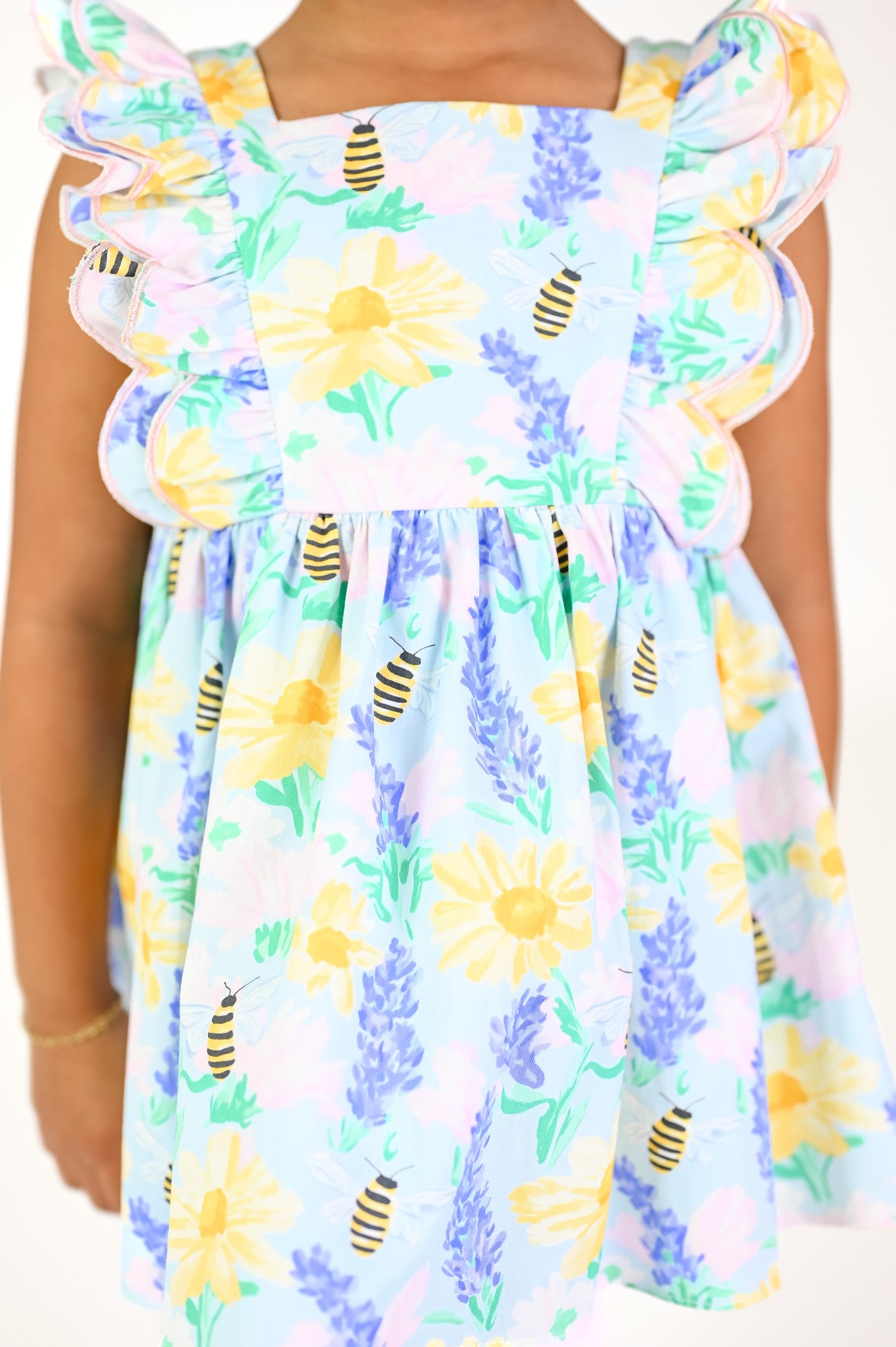 (Custom Design Preorder MOQ 5) Bee Flowers Print Girls Summer Knee Length Dress