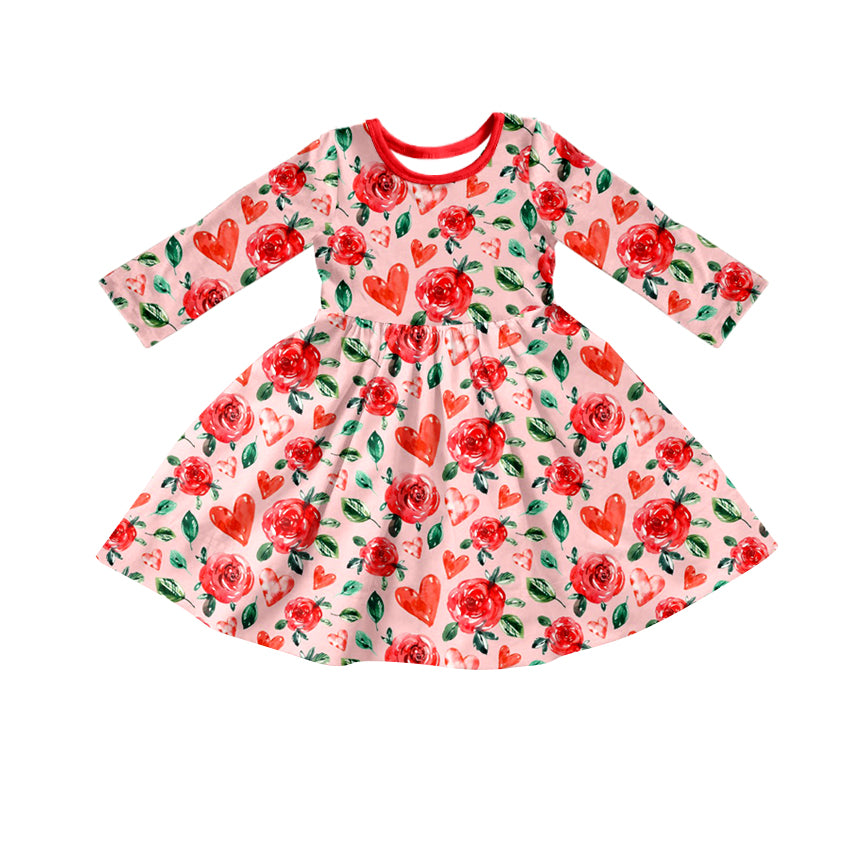 (Custom Design Preorder MOQ 5) Flowers Heart Print Girls Knee Length Valentine's Dress