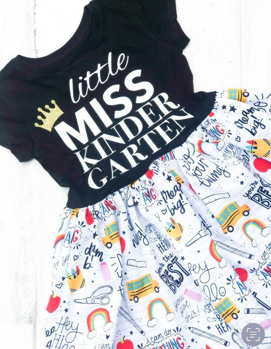 (Custom Design Preorder MOQ 5) Little Miss School Bus Print Girls Knee Length Back to School Dress