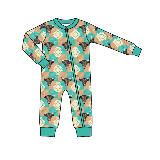 (Custom Design Preorder MOQ 5) Green Highland Cow Aztec Print Baby Boys Sleeper Zipper Romper