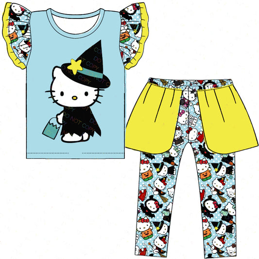 (Custom Design Preorder MOQ 5) Cartoon Cat Print Top Tulle Pants Girls Clothes Set