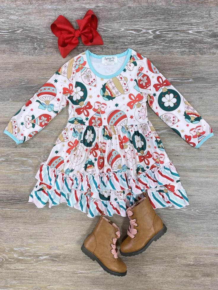 (Custom Design Preorder MOQ 5) Christmas Lights Bows Print Girls Knee Length Christmas Dress