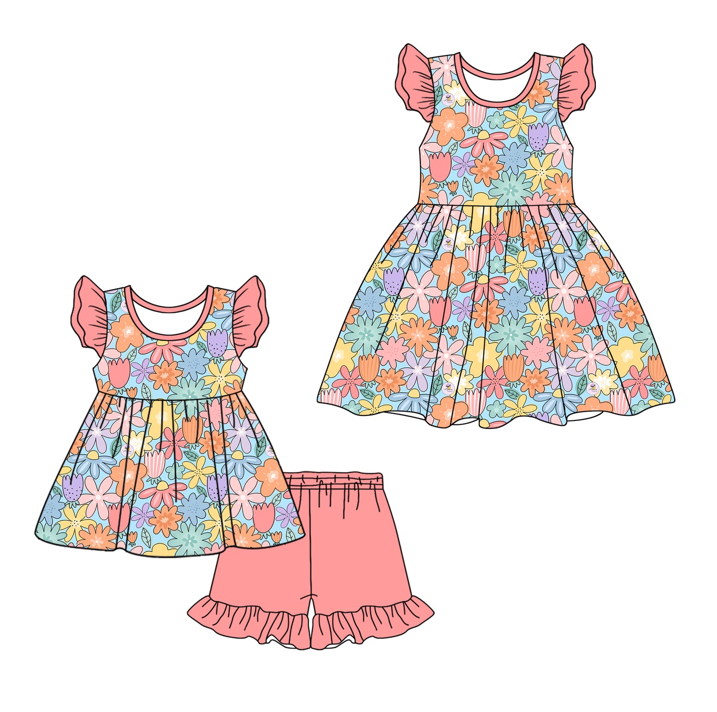12.11(Custom Design Preorder MOQ 5 Each Design) Colorful Flowers Print Girls Summer Matching Clothes Sisters Wear