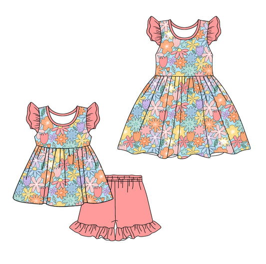 12.11(Custom Design Preorder MOQ 5 Each Design) Colorful Flowers Print Girls Summer Matching Clothes Sisters Wear