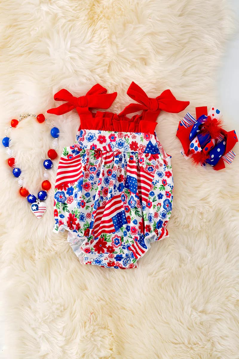 (Custom Design Preorder MOQ 5) Flowers Flags Print Baby Girls 4th of July Romper