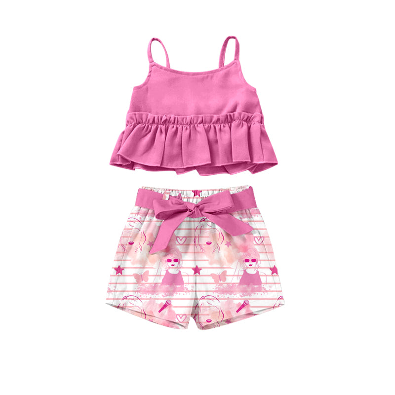 (Custom Design Preorder MOQ 5) Pink Ruffles Top Singer Swiftie Shorts Girls Summer Clothes Set