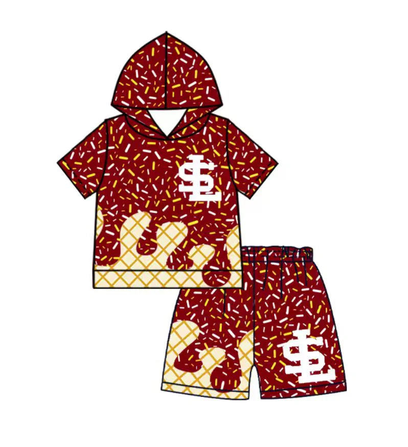 (Custom Design Preorder MOQ 5) Team's South Lafourche Red Sprinkles Print Boys Summer Clothes Set