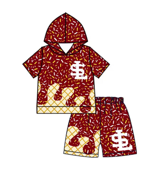 (Custom Design Preorder MOQ 5) Team's South Lafourche Red Sprinkles Print Boys Summer Clothes Set