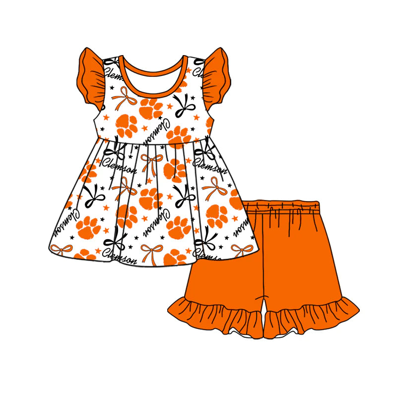 (Custom Design Preorder MOQ 5) Team's Clemson Bows Top Wine Orange Shorts Girls Summer Clothes Set