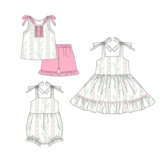 5.23(Custom Design Preorder MOQ 5 Each Design) Pink Small Flowers Print Girls Summer Matching Clothes Sisters Wear