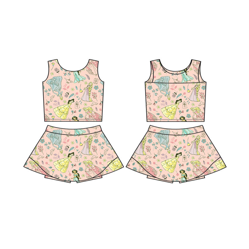 (Custom Design Preorder MOQ 5 Each Item )1-4 Styles Cartoon Princess Print Shorts Skirts Girls Summer Yoga Clothes Set