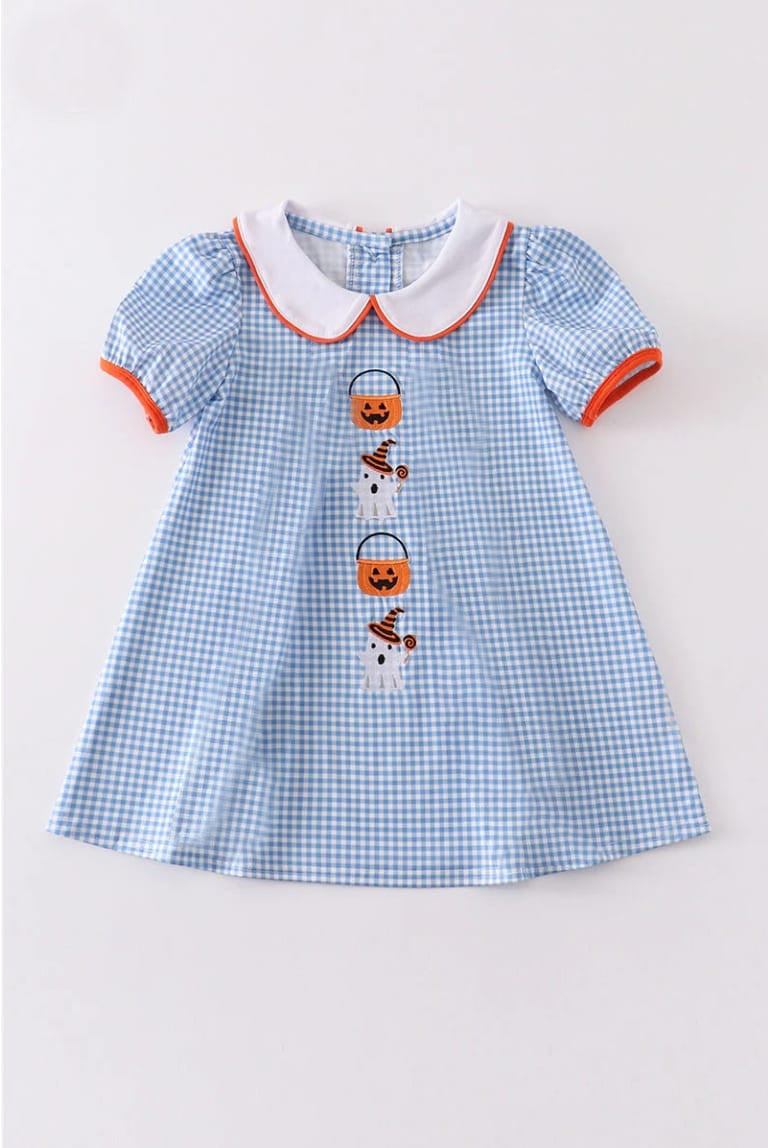 (Custom Design Preorder MOQ 5) Pumpkin Ghost Plaid Print Girls Knee Length Halloween Dress