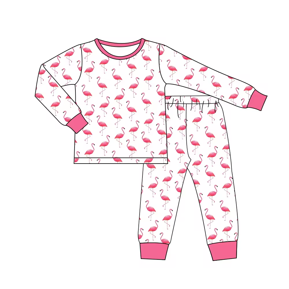 (Custom Design Preorder MOQ 5)  Flamingo Print Girls Fall Pajamas Clothes Set