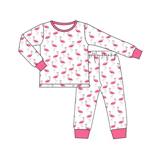 (Custom Design Preorder MOQ 5)  Flamingo Print Girls Fall Pajamas Clothes Set