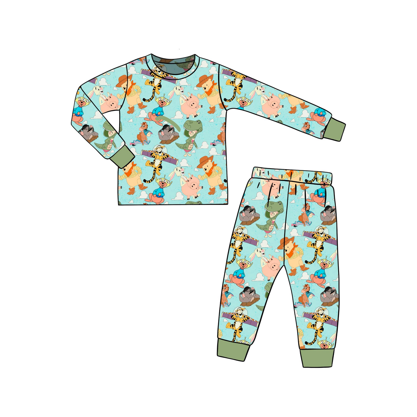 (Custom Design Preorder MOQ 5) Cartoon Animals Print Kids Pajamas Clothes Set