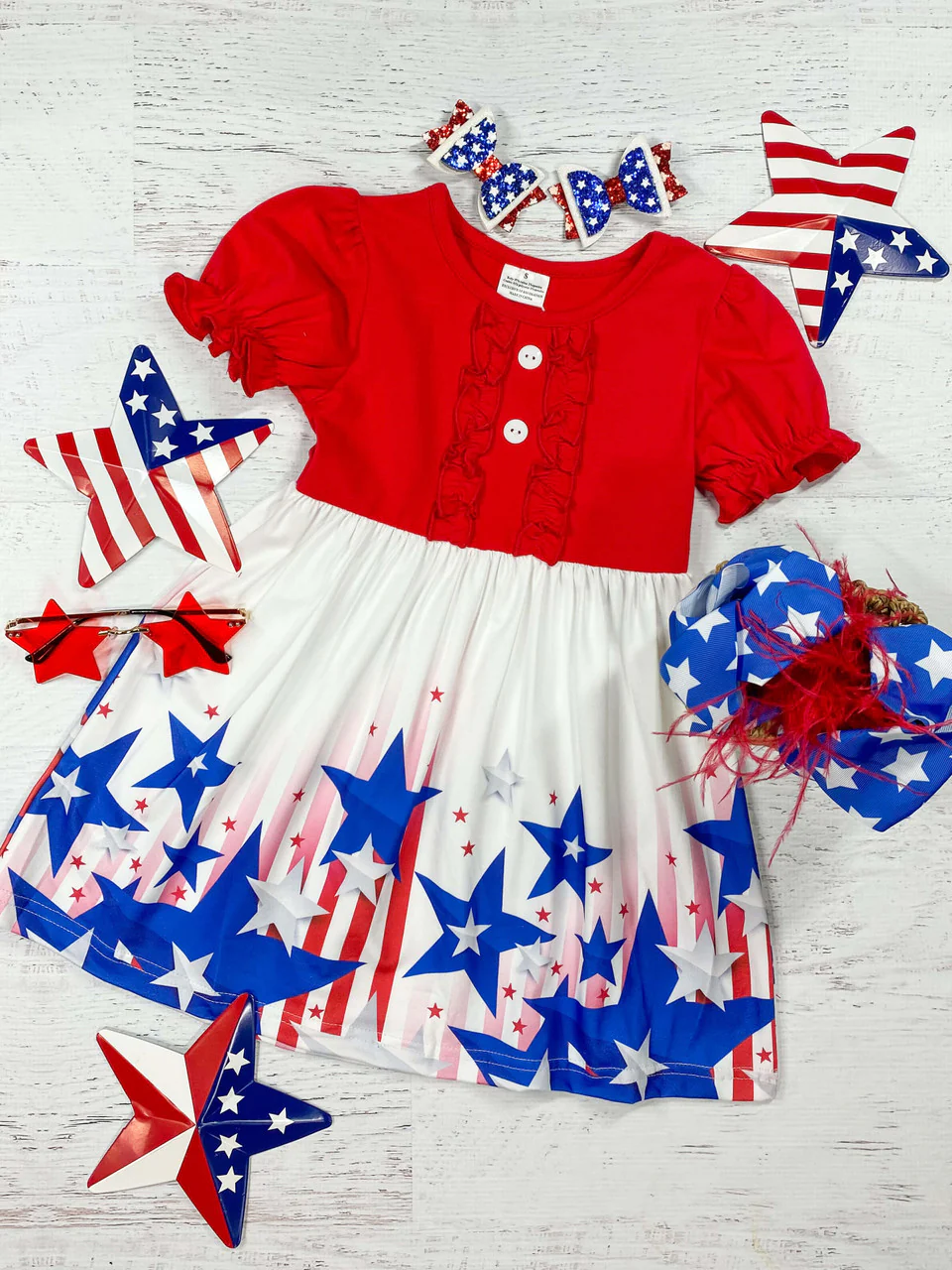(Custom Design Preorder MOQ 5) Stars Print Girls 4th of July Knee Length Dress
