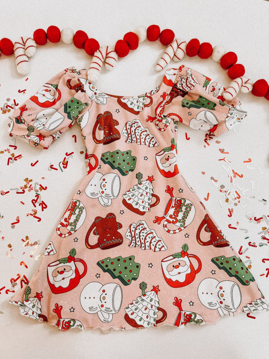 (Custom Design Preorder MOQ 5) Debbie Cake Print Girls Christmas Knee Length Dress