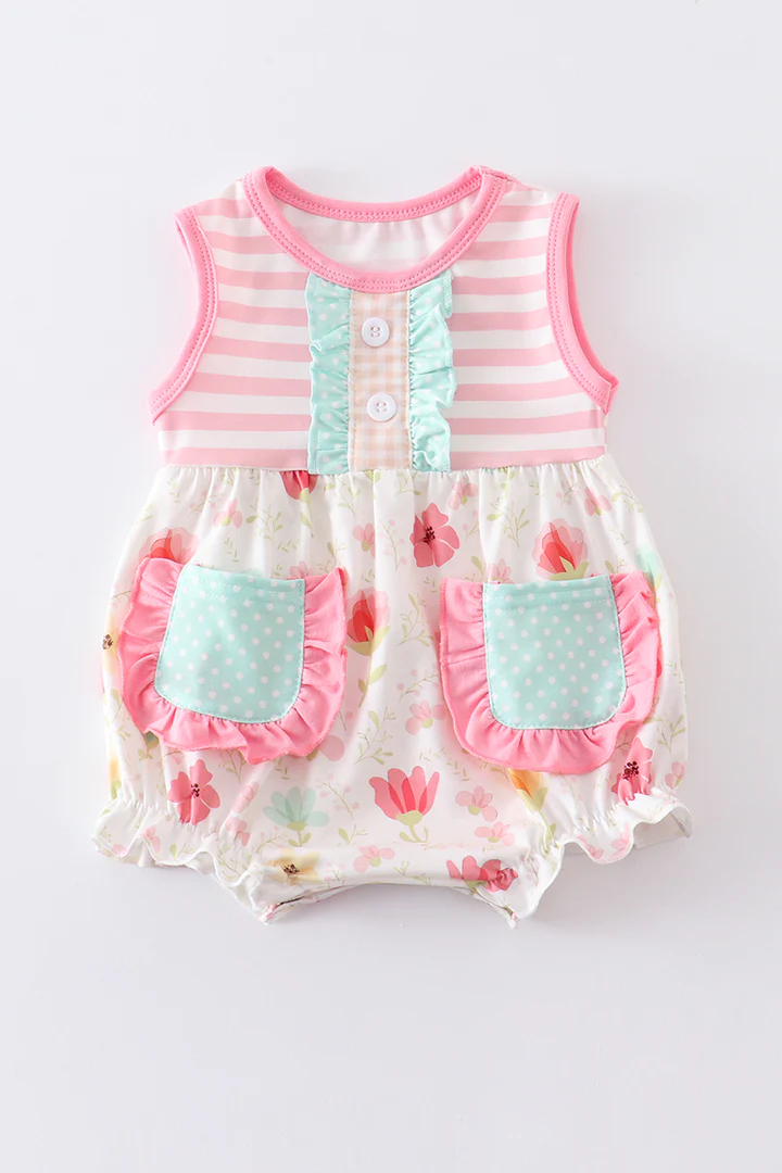 (Custom Design Preorder MOQ 5) Flowers Pockets Baby Girls Summer Romper