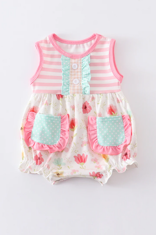 (Custom Design Preorder MOQ 5) Flowers Pockets Baby Girls Summer Romper