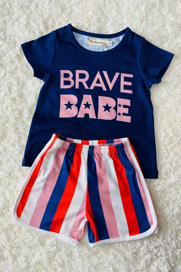 (Custom Design Preorder MOQ 5) BRAVE BABE Top Stripes Shorts Kids Summer Clothes Set