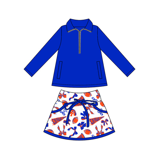 (Custom Design Preorder MOQ 5) Blue Zipper Pullover Top Team's Cheer Bows Skirts Girls Clothes Sets