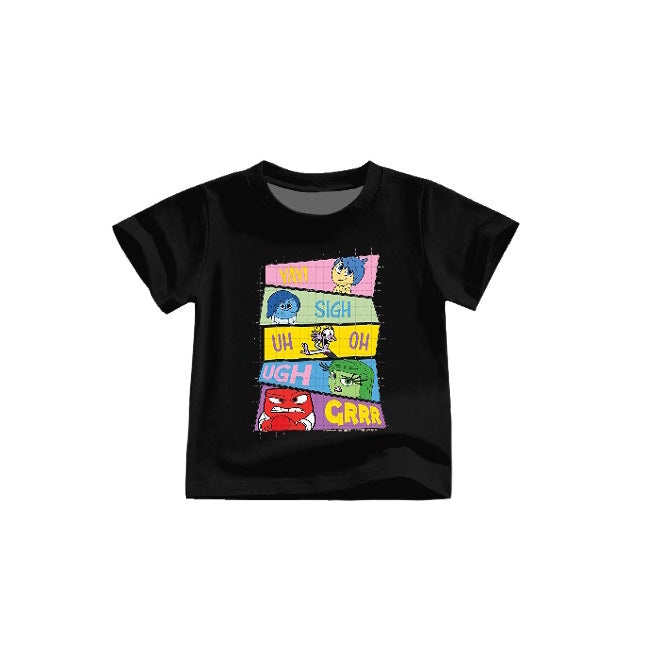 (Custom Design Preorder MOQ 5) Cartoon Figure Inside Out Black Print Girls Summer Tee Shirts Top