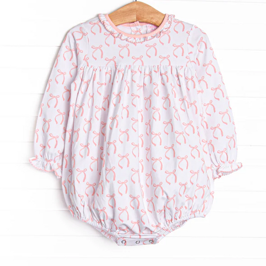(Custom Design Preorder MOQ 5) Pink Small Bows Print Baby Girls Fall Romper