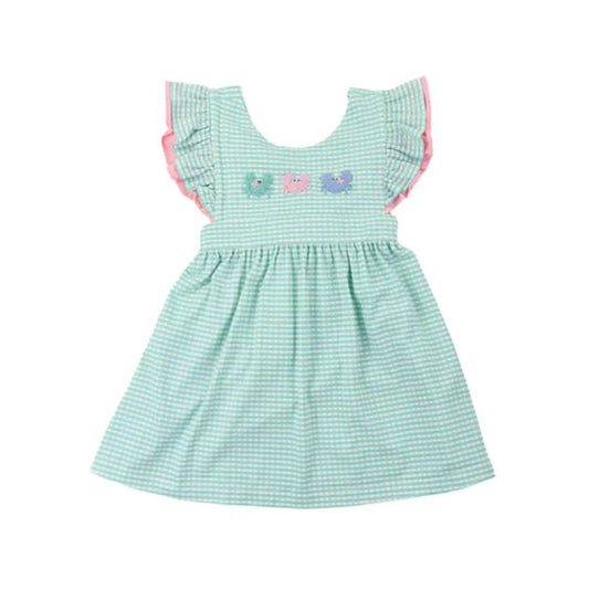 (Custom Design Preorder MOQ 5) Crab Plaid Print Girls Summer Knee Length Dress