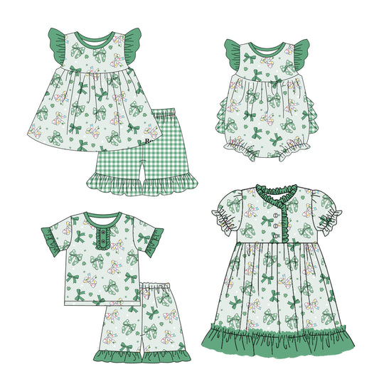 12.10(Custom Design Preorder MOQ 5 Each Design) Green Bows Print Girls St. Patrick's Day Matching Clothes Sisters Wear