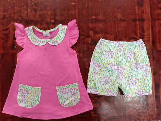 (Custom Design Preorder MOQ 5) Hotpink Pockets Tunic Top Flowers Shorts Girls Summer Clothes Set